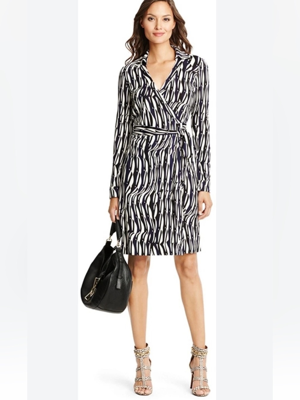 Diane Von Furstenberg Black and White Long-Sleeve silk jersey Wrap Dress